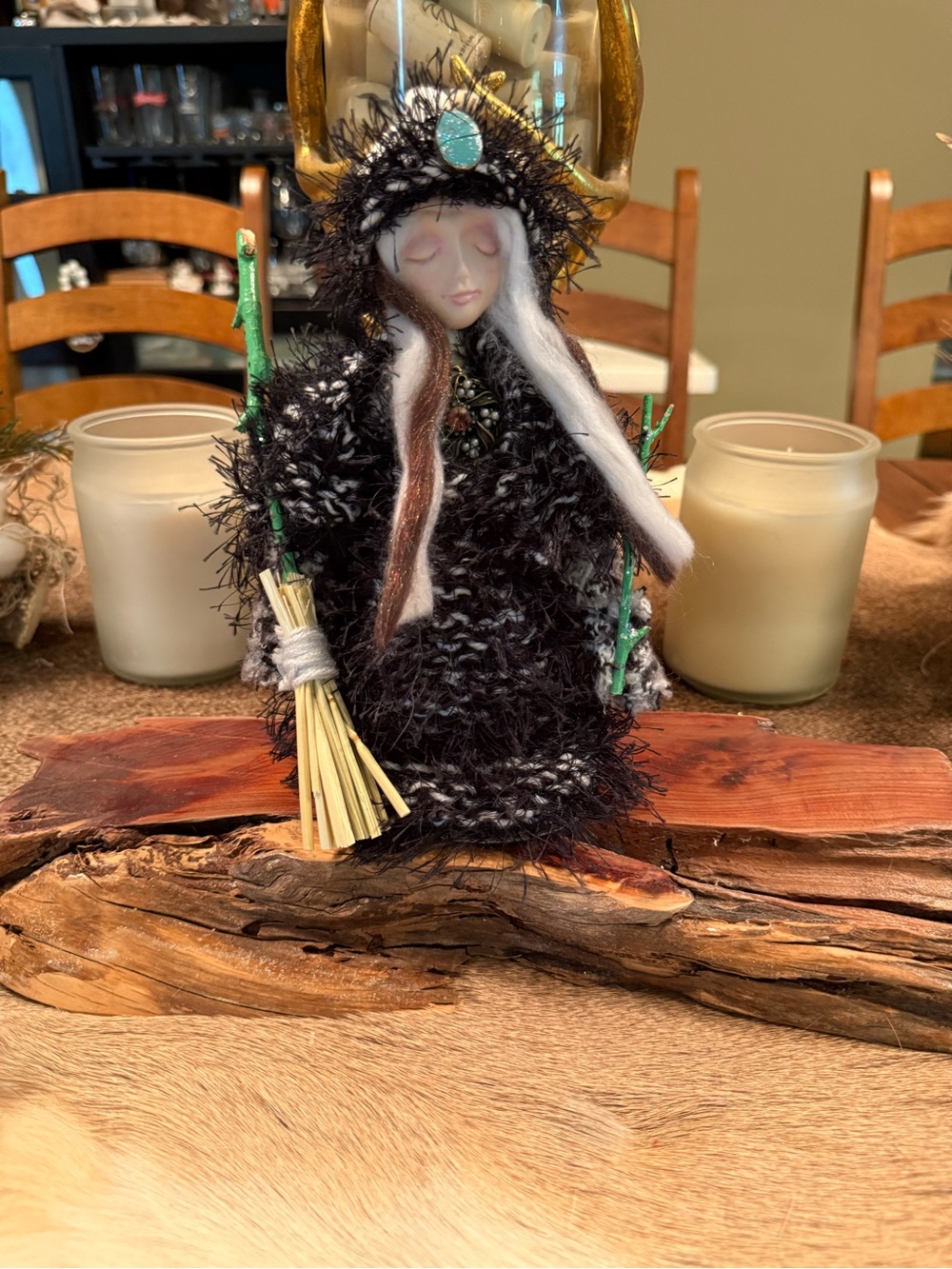 Handcrafted Black Fuzzy Witch Figurine Home Art